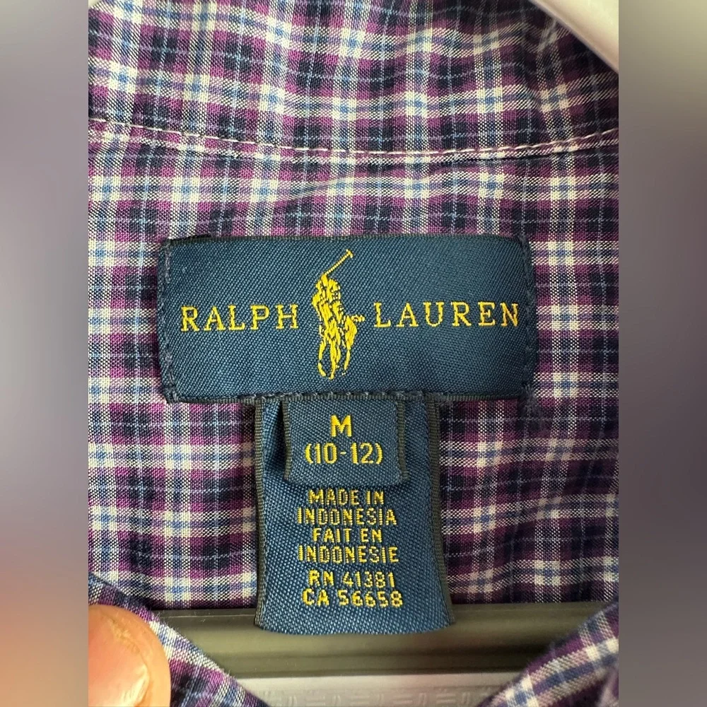 Ralph Lauren Boys Purple Blue Plaid Cotton Button Down Shirt Size M/10-12